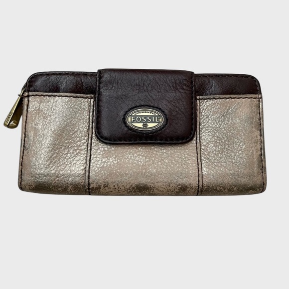 Fossil Brown and Metallic Gold Silver Zip Around Wallet with Gift Dust Bag - Picture 3 of 11